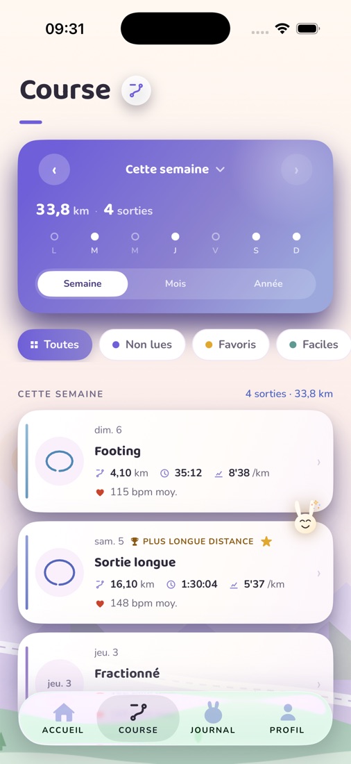 L'onglet Course : la semaine en tête, les filtres, la liste des sorties avec type, distance, durée, allure et FC